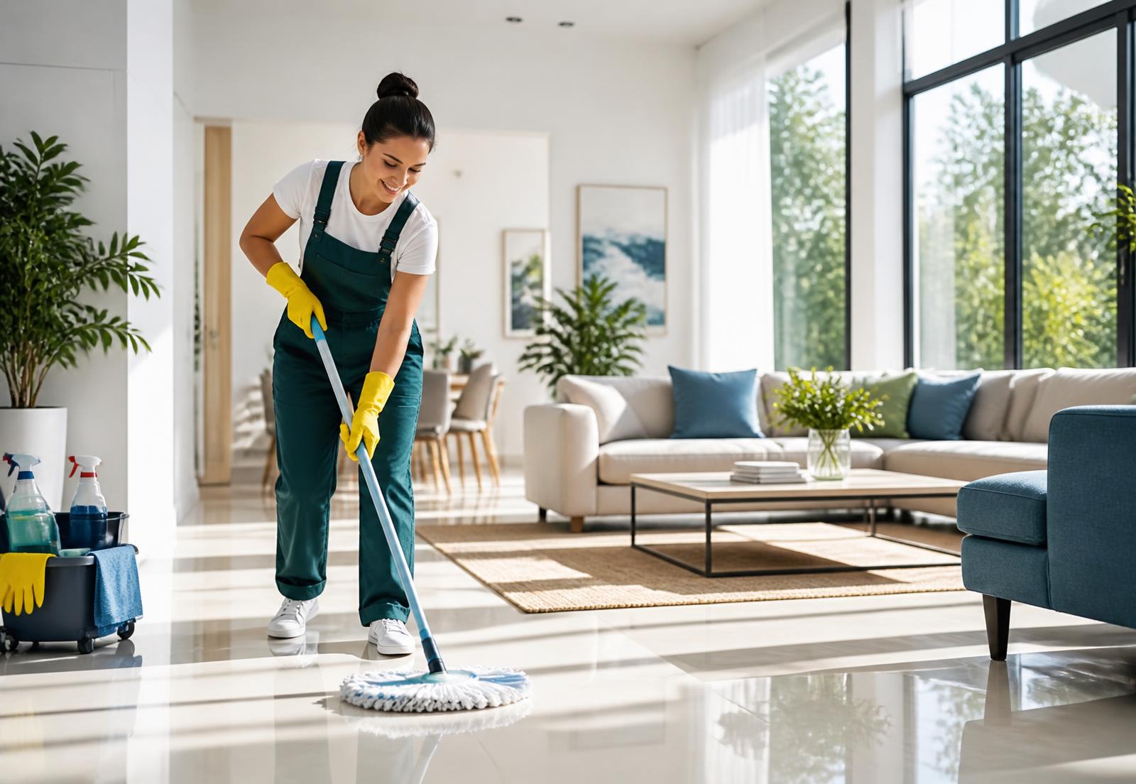 Professional cleaner mopping the floor of a bright modern living room