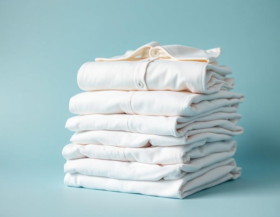 Neatly folded stack of freshly laundered white shirts